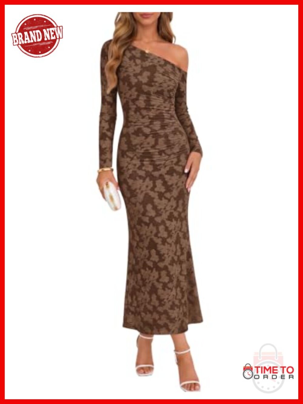 Off Shoulder Floral Bodycon Maxi Dress Long Sleeve Wedding Guest